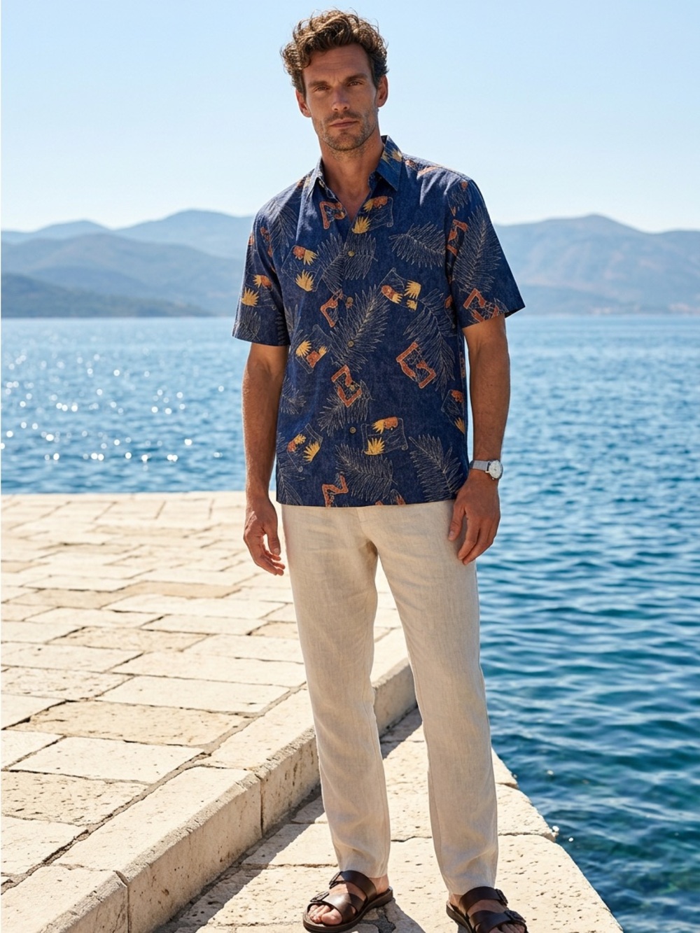 Men's Navy Tropical Print Short-Sleeve Has 4 buttons. Not all the way button dow